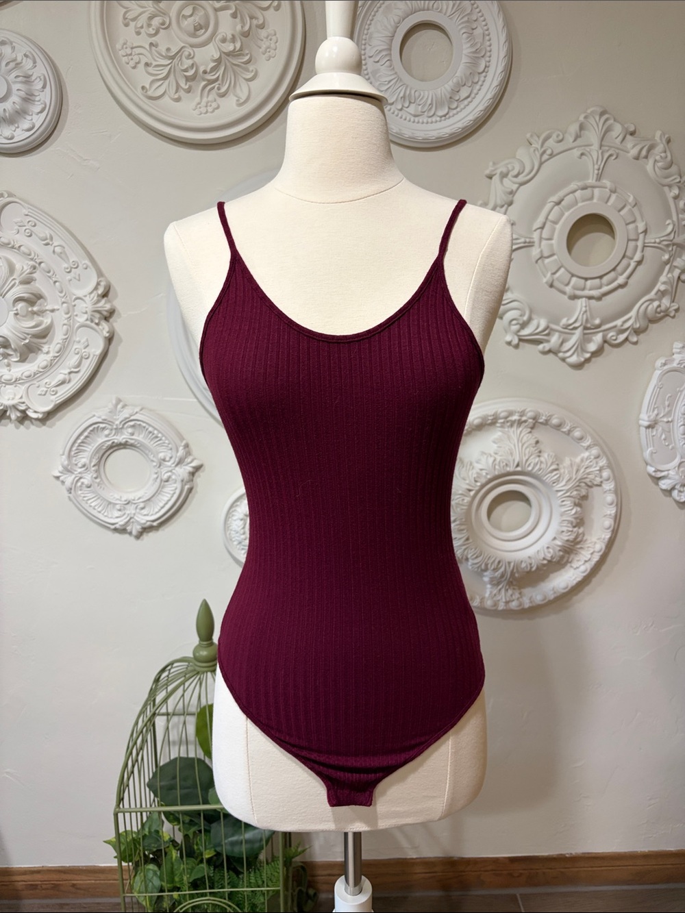 Urban Outfitters Burgundy Ribbed Spaghetti-Strap Bodysuit